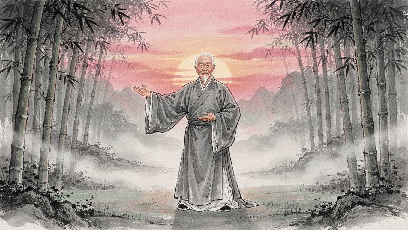 An elderly Chinese Daoist practitioner in flowing silk robes performs qigong in a tranquil bamboo forest at sunrise, with mist rising and a serene pink-orange sky.