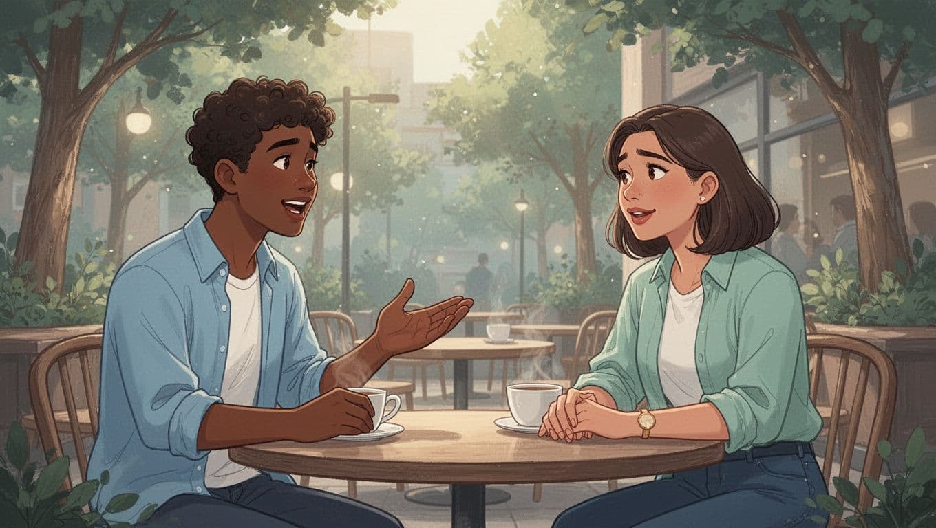 Modern illustration of two diverse young professionals at a cozy outdoor cafe table, one speaking with an open gesture while the other listens attentively with an empathetic expression, under natural warm sunlight.