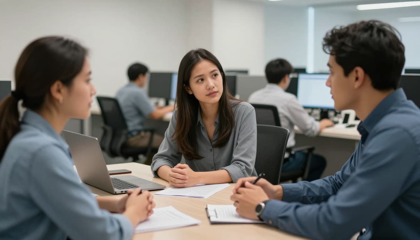 A manager in an open office calmly talks to an anxious employee, both seated in comfortable chairs with professional yet empathetic expressions. Blurred background features a working team, emphasizing an intimate, realistic corporate scene with neutral office lighting.