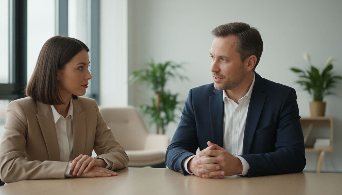 A manager speaks calmly and empathetically to an attentive employee in a quiet, private modern office with soft natural light, focusing on their relaxed faces and gestures.