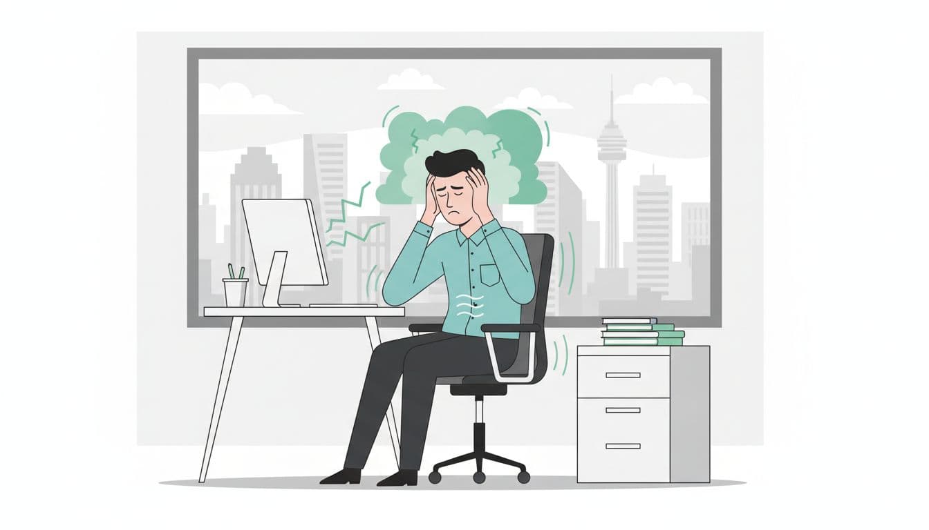 Ilustración moderna de un empleado estresado en una oficina de CDMX, sentado en su escritorio con expresión tensa y manos en la cabeza, con la ciudad al fondo por la ventana.