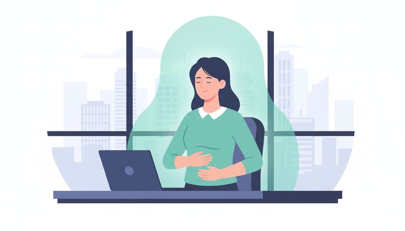 Ilustración moderna de un empleado en oficina abierta de CDMX tomando micro-pausa de respiración: sentado en escritorio con laptop cerrada, ojos cerrados, manos sobre abdomen, expresión serena, con vista al skyline de CDMX.