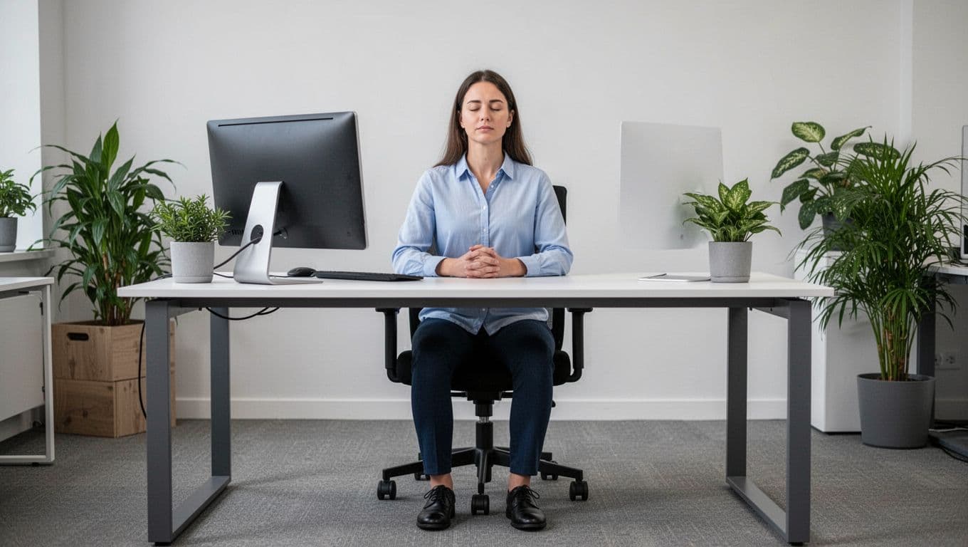 A single employee sits calmly at a modern office desk, feet flat on the floor, shoulders relaxed, eyes closed, hands resting on lap, engaged in box breathing. Simple office background includes a computer and plants with neutral lighting in realistic style.