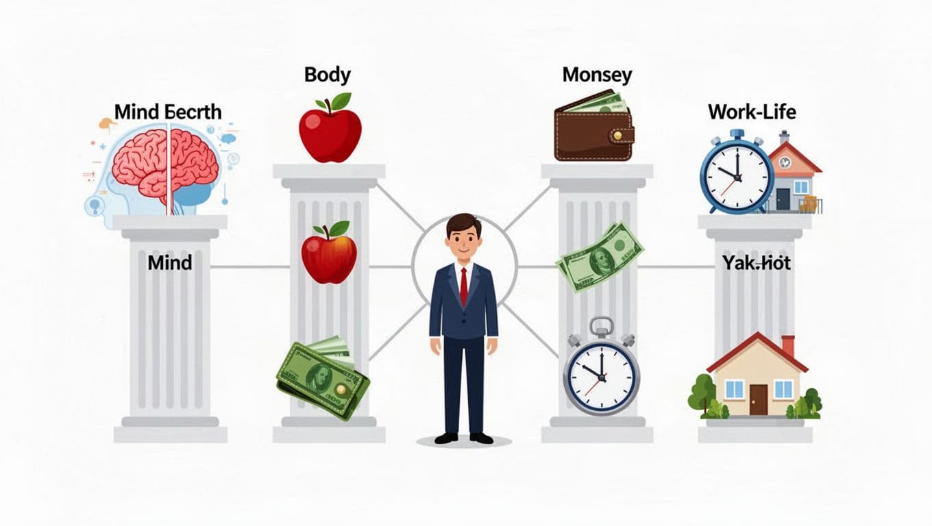 Infographic style illustration of four pillars—mind (brain icon), body (heart and apple), money (wallet), work-life balance (clock and home)—connected by lines to a central employee figure in flat colorful style on white background.