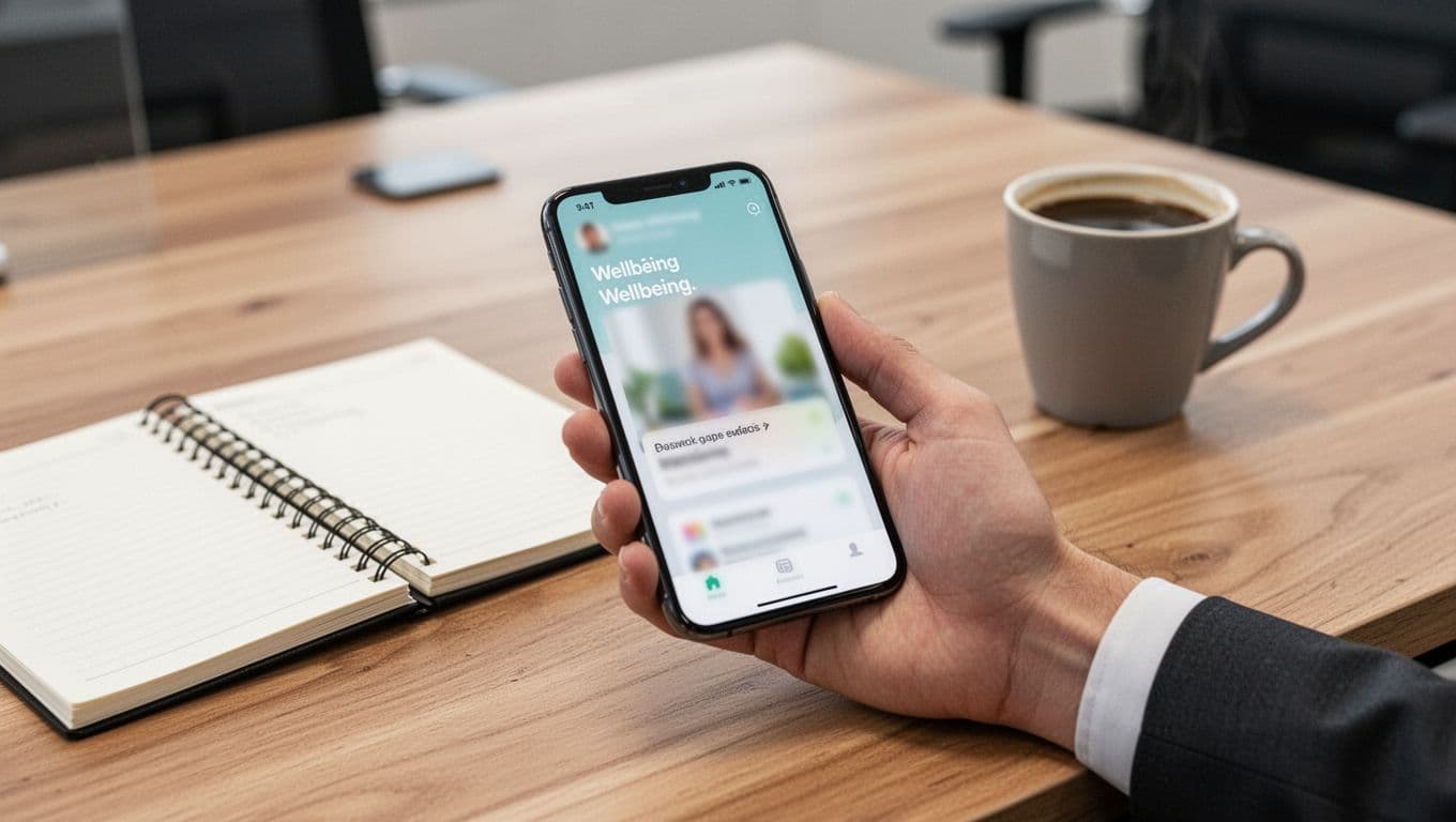 An employee's hand holds a smartphone with a blurred wellbeing app screen at a slight angle on a wooden office desk next to a notebook and coffee cup, featuring soft natural lighting and a modern workspace background.