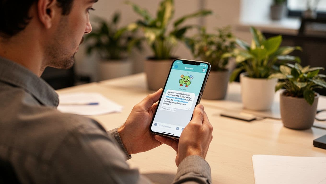 Empleado enfocado en un mensaje personalizado de bienestar en su teléfono móvil en un entorno de oficina híbrida, con mano relajada, fondo borroso de escritorio y plantas, iluminación cálida y estilo fotorealista.