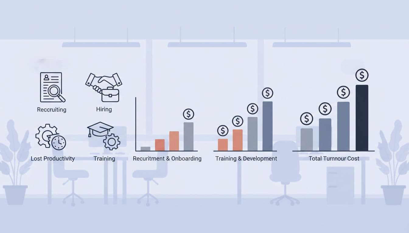 Infographic style illustration of business costs from employee turnover, featuring icons for recruiting, hiring, training, and lost productivity, with simple charts showing rising dollar amounts on a neutral office background.