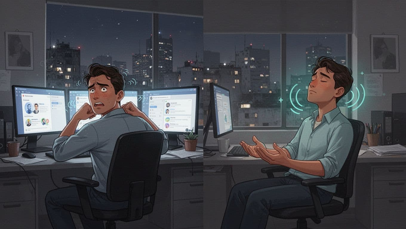 Ilustración moderna de un emprendedor solo en oficina nocturna de CDMX lidiando con estrés laboral frente a múltiples pantallas, transitando a un respiro calmado con la app Pausa y expresión de alivio.
