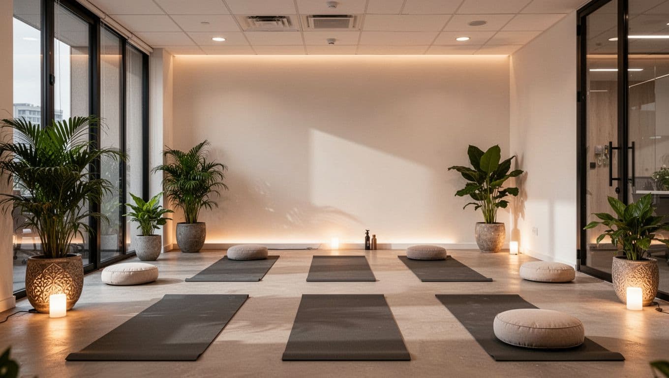 Wellness room in a corporate office featuring yoga mats, plants, meditation cushions, and soft ambient lighting. Empty space inviting calm in a realistic photo style, no people, text, or logos.
