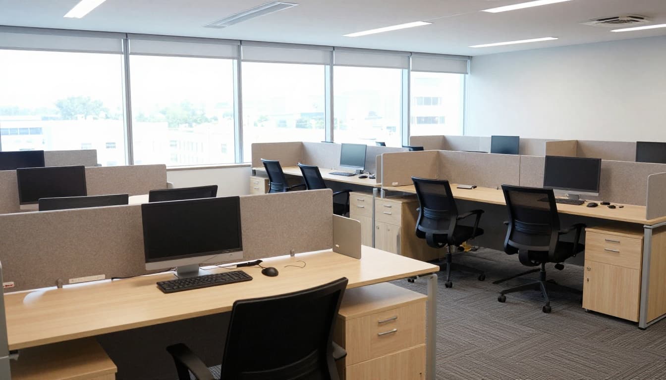 Several empty modern office desks in a row with chairs pushed in, bright natural daylight from windows, wide-angle realistic photograph of a clean professional office environment with no people, text, logos, or clutter.