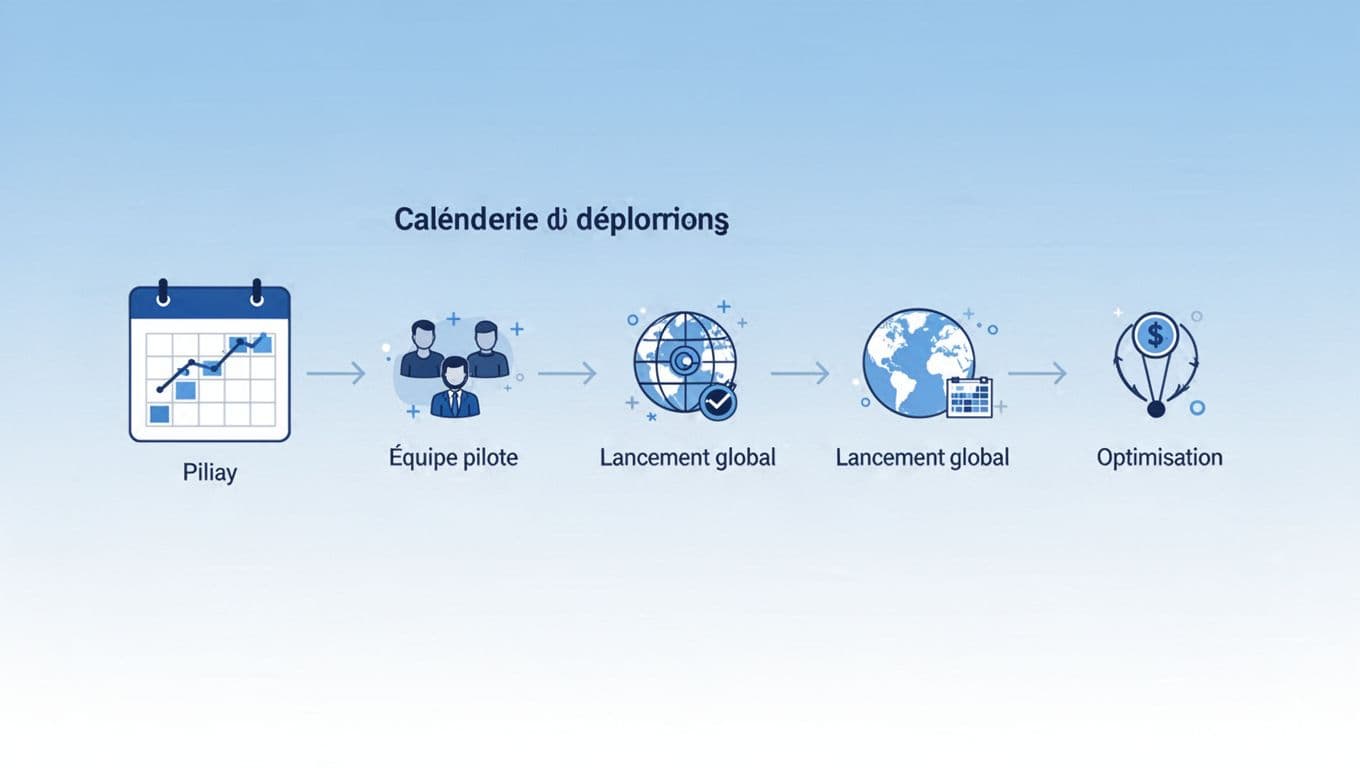 Schematic visualization of a company program's phased deployment timeline featuring simple icons for planning, pilot team, global launch, and optimization on a light blue to white gradient background in a minimalist flat infographic style.