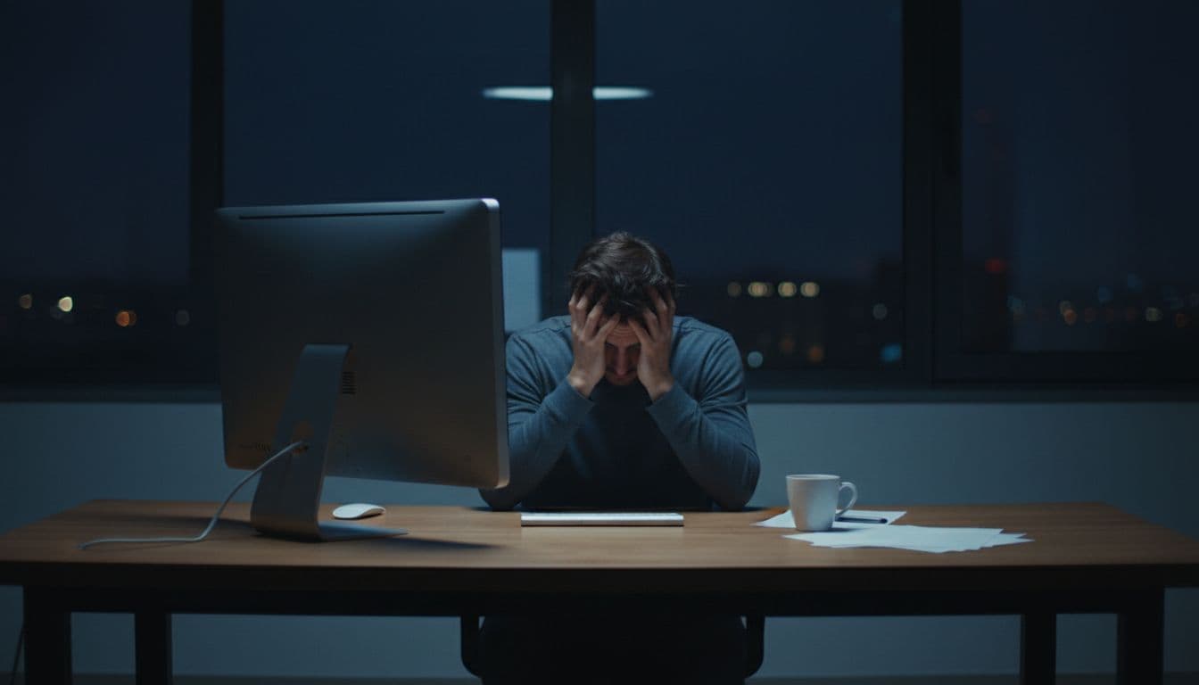 Un entrepreneur jeune assis seul à un bureau tard la nuit, tête dans les mains l'air épuisé, écran d'ordinateur allumé dans un éclairage sombre de bureau.