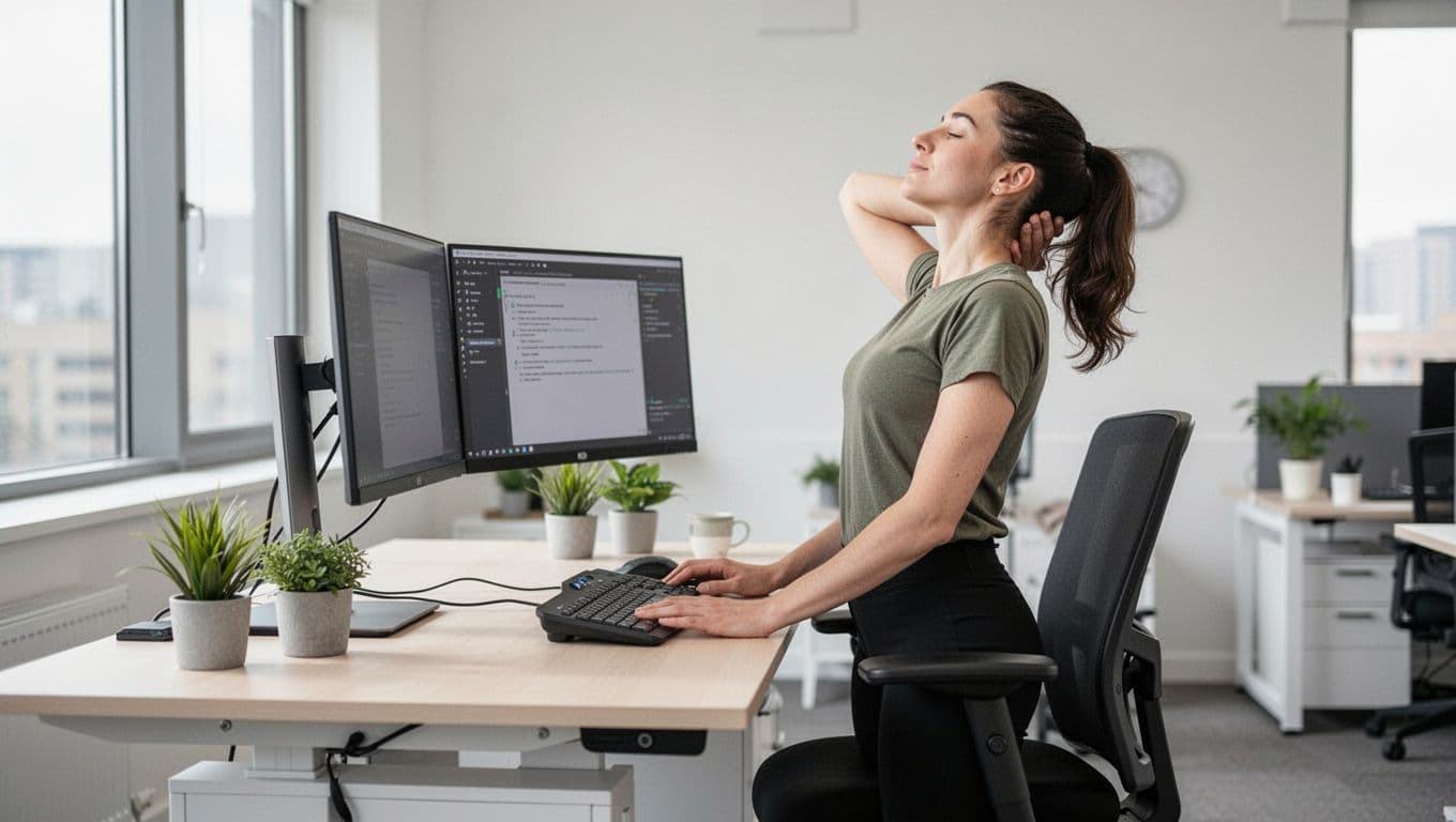 A person stands at an ergonomically adjusted desk with chair, eye-level monitor, and ergonomic keyboard, gently stretching their neck during an active break amid small plants in a minimalist office with natural light.