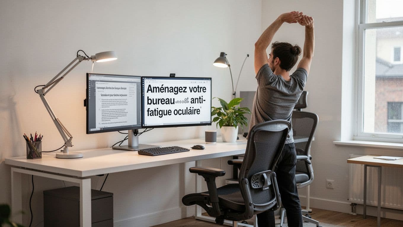 Modern workspace with monitor at arm's length, glare-free lighting, large visible fonts, ergonomic chair, plant, and person stretching arms during break, bathed in natural light.