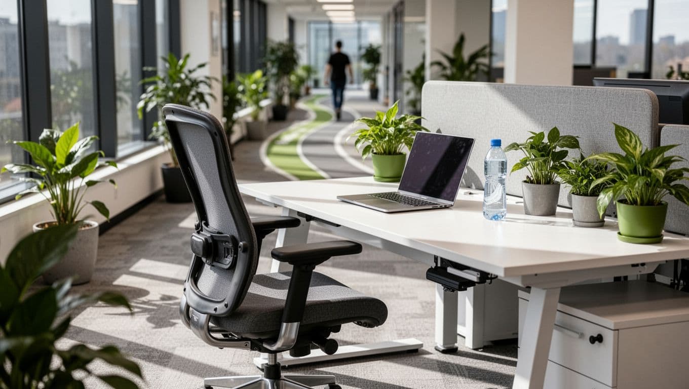 Ergonomic work desk featuring adjustable chair, green plants, water bottle, and closed laptop in a modern office with walking path background. Realistic photo with bright natural light, emphasizing healthy habits.