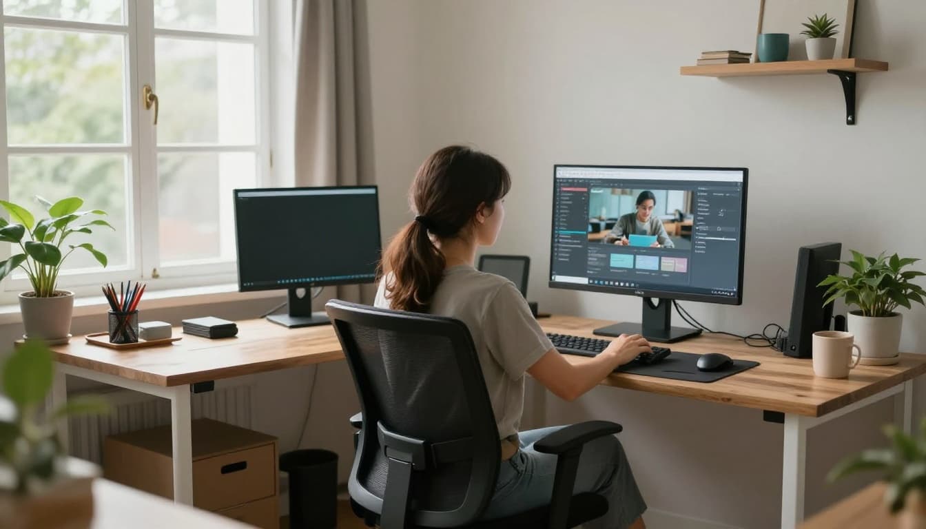 A person in an ergonomic home office setup adjusts chair and monitor to correct height with straight posture, feet flat on the floor, natural light from background window, organized desk in photorealistic daytime style.