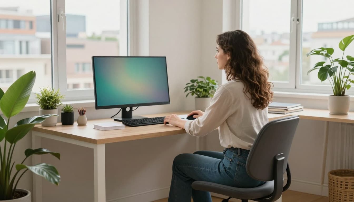 Person standing and gently stretching neck in ergonomic home office with adjustable chair, eye-level screen, plants, and city view window. Balanced composition in modern realistic style with daylight lighting.