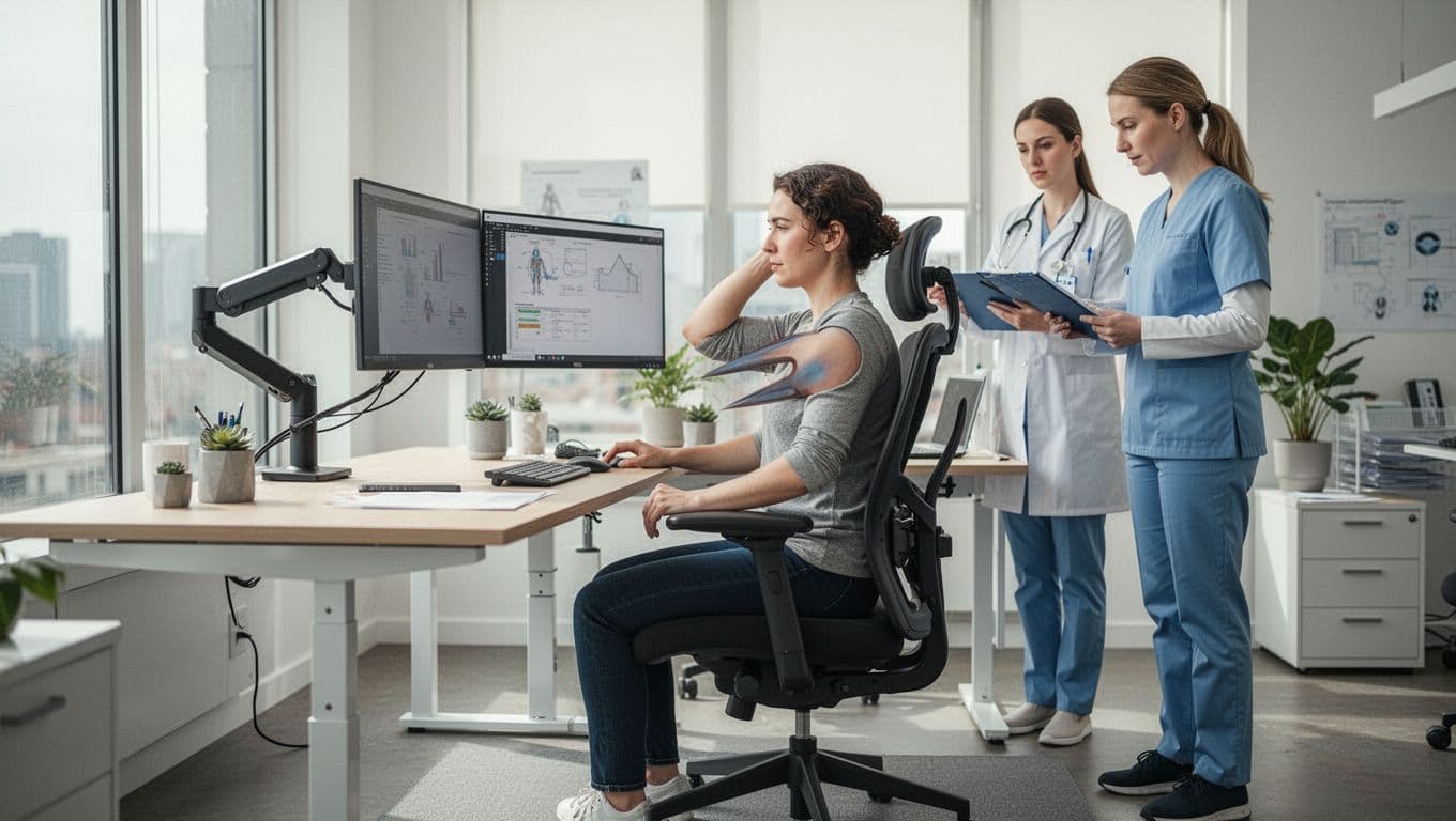 Modern ergonomic office setup with adjustable chair, desk, and monitor arm where one person quickly adjusts posture under physio guidance, natural light, focus on body alignment.