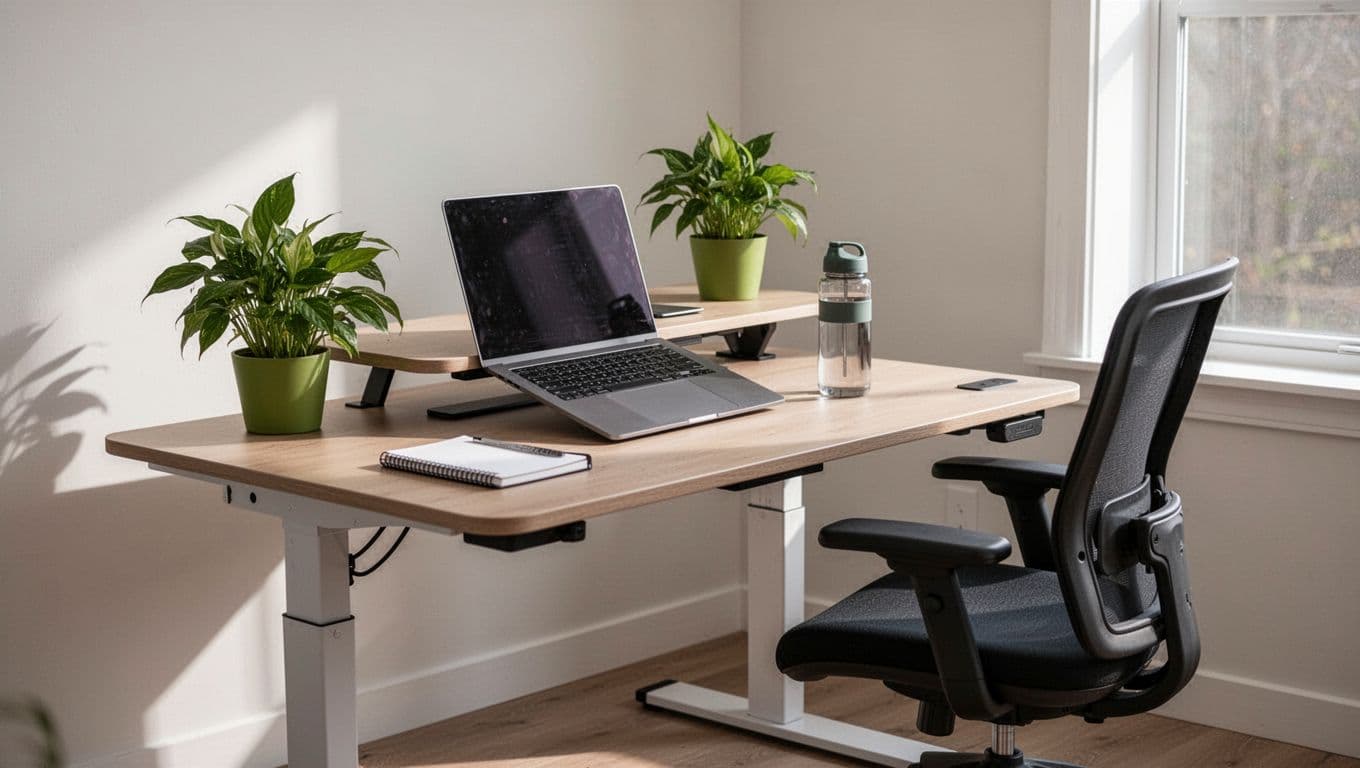 Clean modern standing desk setup in a home office with laptop, potted plant, water bottle, notebook, and adjustable chair, illuminated by soft natural daylight, no people present.