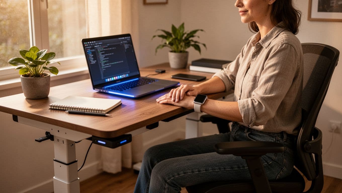 Relaxed professional at ergonomic standing desk with adjustable chair, smartwatch on wrist, laptop with blue light filter glow, notebook, and plant, in warm natural window light.