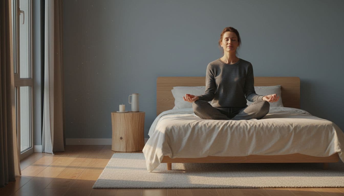 An executive sits calmly on a simple bedroom bed with hands on lap, eyes closed in relaxation during a guided breathing exercise, illuminated by soft evening light in a serene realistic style.
