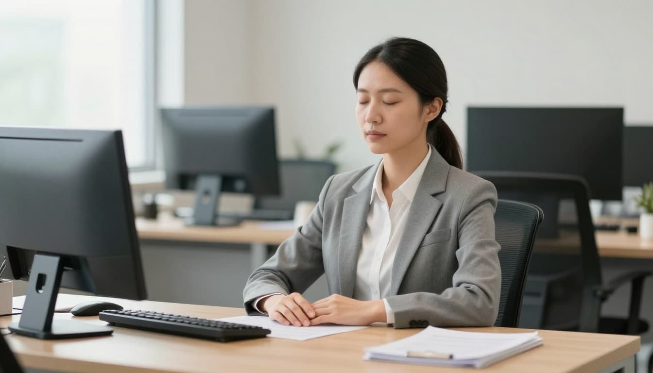 A single executive sits calmly at a desk in a modern office, practicing box breathing with eyes closed and hands relaxed on lap before an important meeting. Neutral background with window view, realistic style, and soft natural lighting.