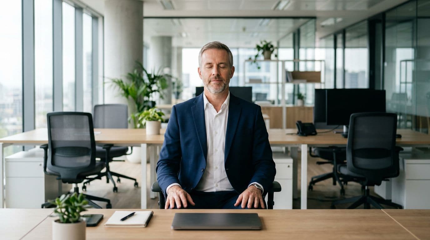 A business leader seated at his desk in a modern open space office, eyes closed, hands on knees, practicing calm breathing with a relaxed expression under soft natural light. Realistic photograph style, centered composition on one person, no text, logos, or other humans.