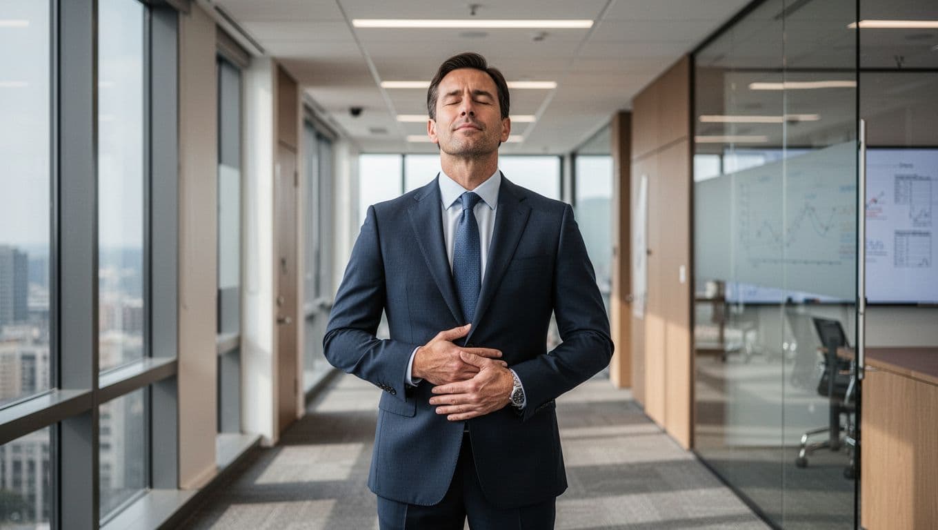 An executive in a sharp business suit stands alone in a modern conference room hallway, eyes closed, taking a deep breath with one hand on the belly to relieve anxiety before a big presentation. The realistic photography style features soft natural window light and high detail with no additional people or elements.