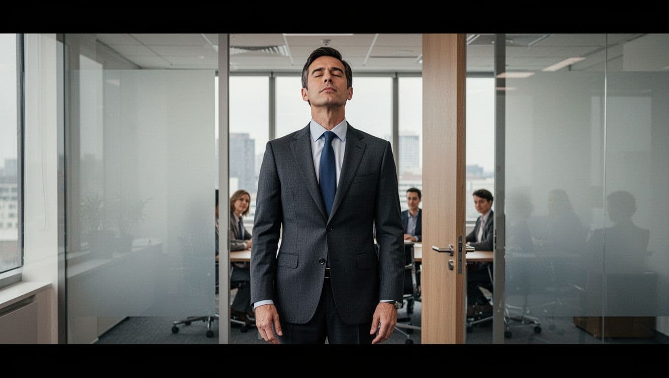 A suited executive in a modern office pauses before entering a meeting room, inhaling deeply with eyes closed and hands relaxed at his sides. The clean corporate setting features a partially open door revealing seated colleagues, with soft natural window lighting and central composition on the executive.