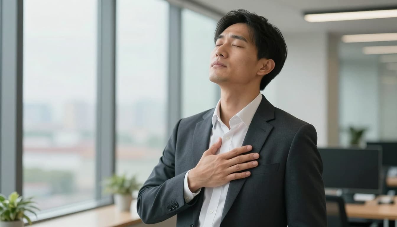 An executive in a modern office stands by a window, eyes closed, taking a deep breath with relaxed shoulders and hand on chest, subtle stress easing in natural daylight.