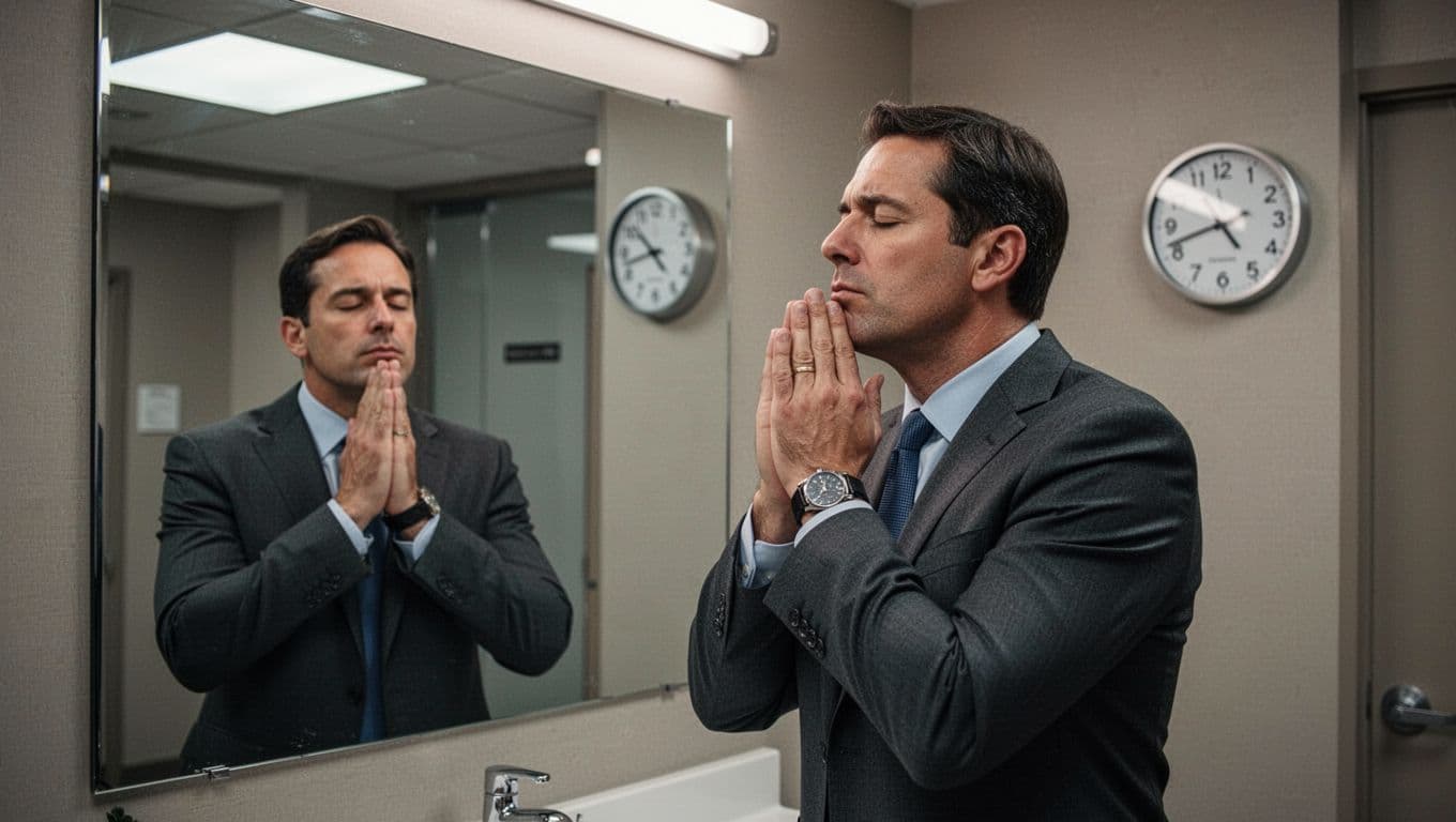 A suited executive in an office bathroom or hallway practices deep breathing to calm nerves before a presentation, with a mirror reflecting his focused expression, watch showing 5 minutes, discreet setting, soft fluorescent lighting, realistic photo.