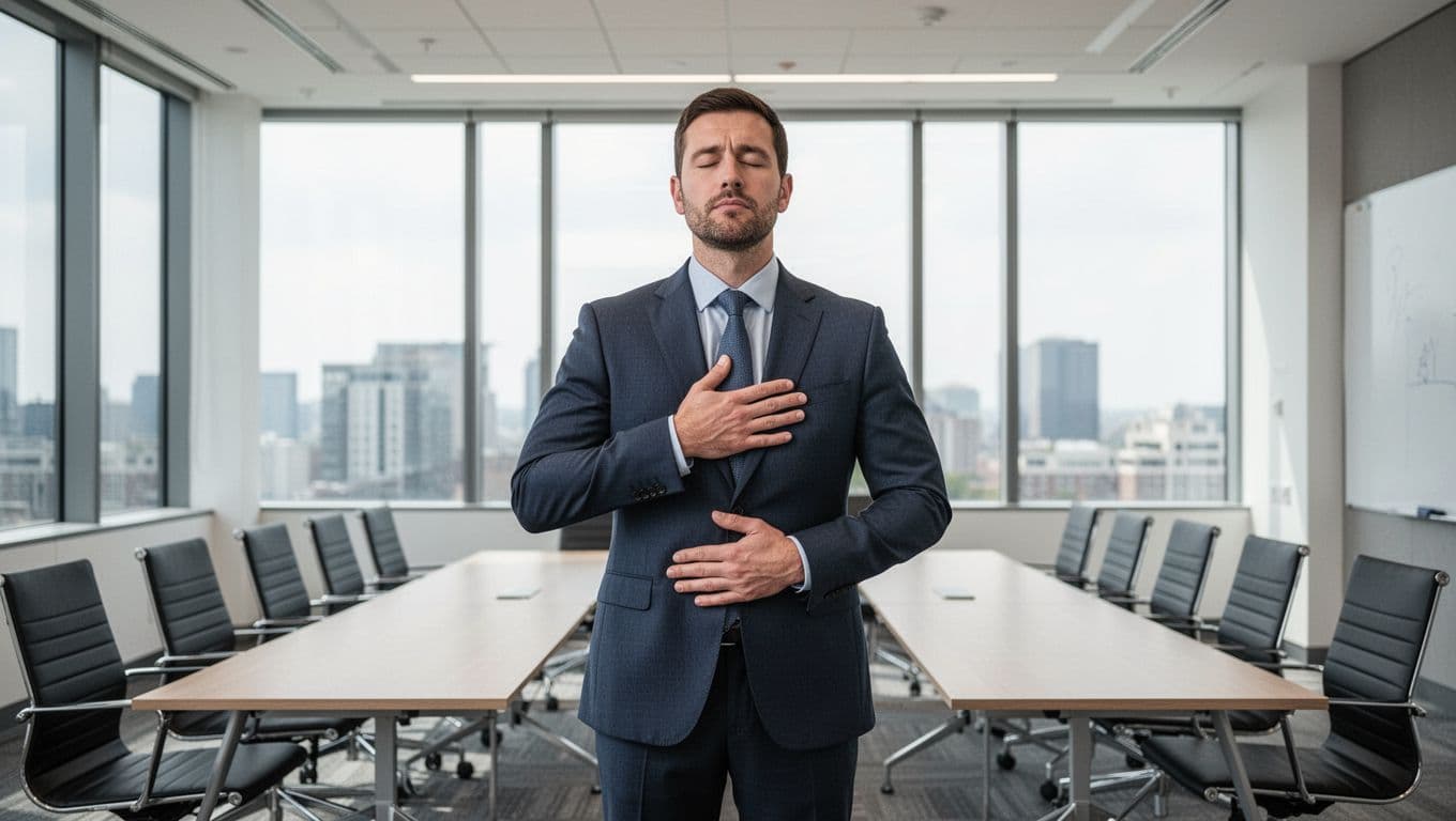 A professional executive in a suit stands alone in an empty modern conference room with large windows and natural daylight, eyes closed, one hand on chest and one on belly, practicing deep breathing to calm nerves before a presentation.