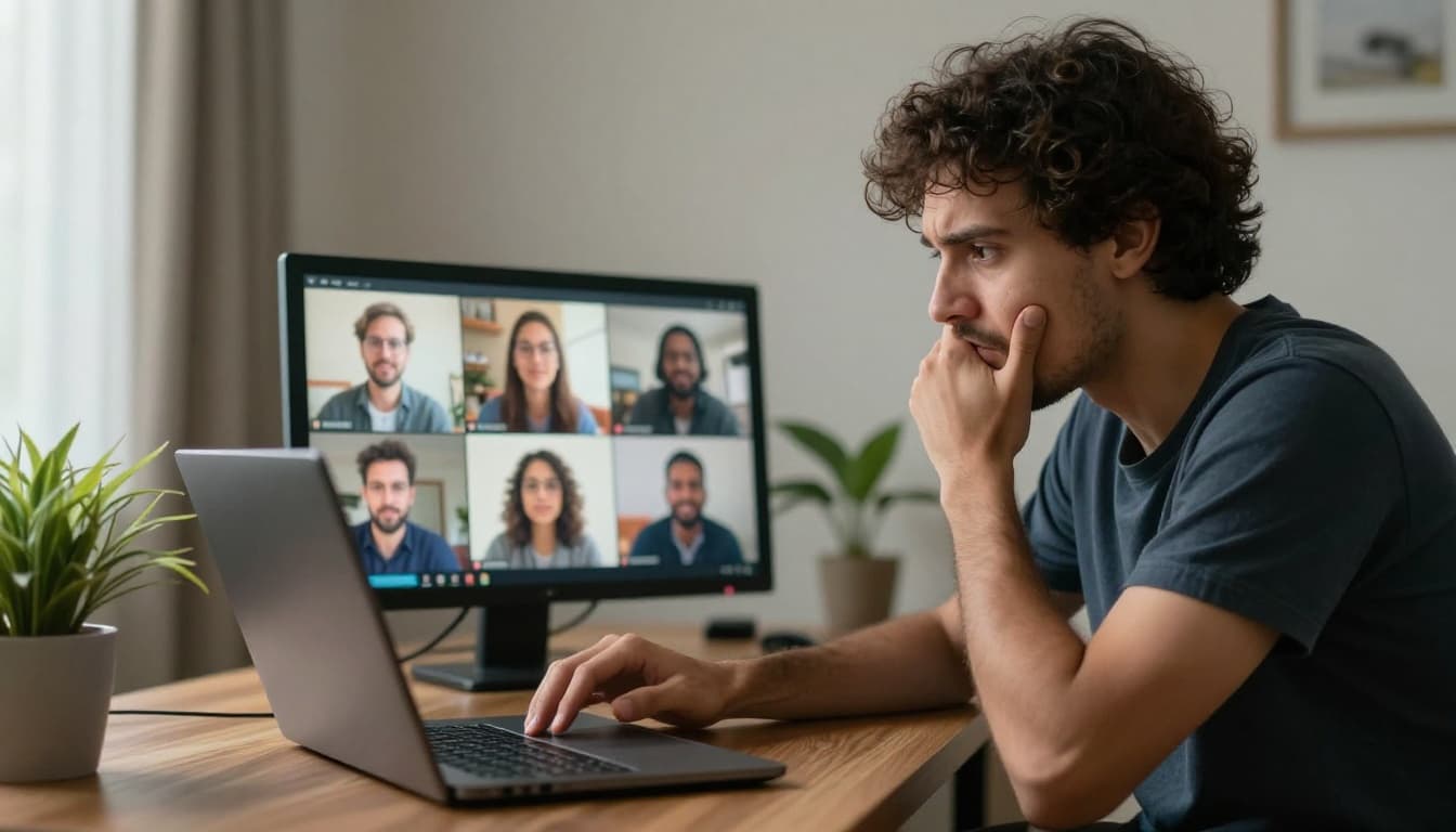 An executive in a tidy home office with plants participates in a blurred team video call on laptop, easing a tense expression through deep breathing, hands relaxed, natural photographic style.