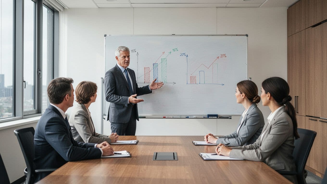 One executive leader stands at a whiteboard with simple metrics charts, discussing with two managers seated around a table in a modern boardroom with natural daylight and soft lighting.