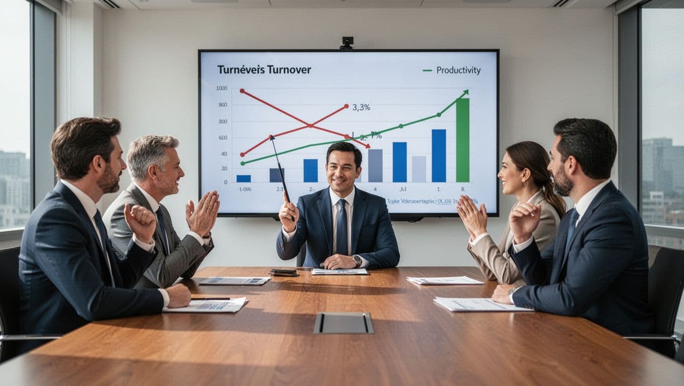 A professional business meeting in a modern conference room where one executive points to a screen chart showing declining turnover and rising productivity metrics, with two other executives nodding in agreement under natural daylight lighting.