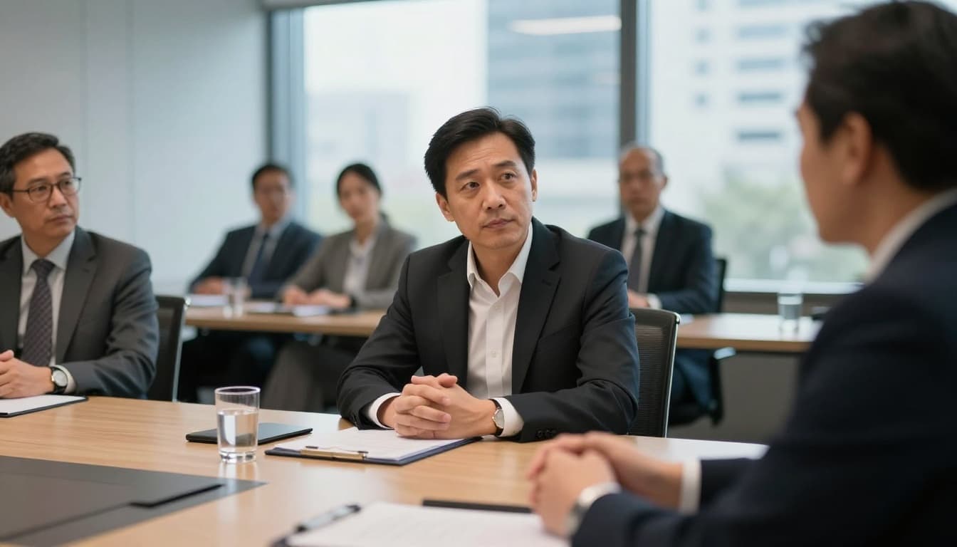 Executive leader at conference table in high-stakes boardroom meeting, discreetly practicing nasal breathing to remain calm amid tense discussion with blurred colleagues, modern glass office with city view.