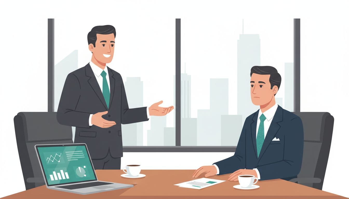 Modern illustration of an enthusiastic professional executive presenting an anti-stress program to an attentive CFO in an executive boardroom in CDMX, with Polanco skyline visible through the window.