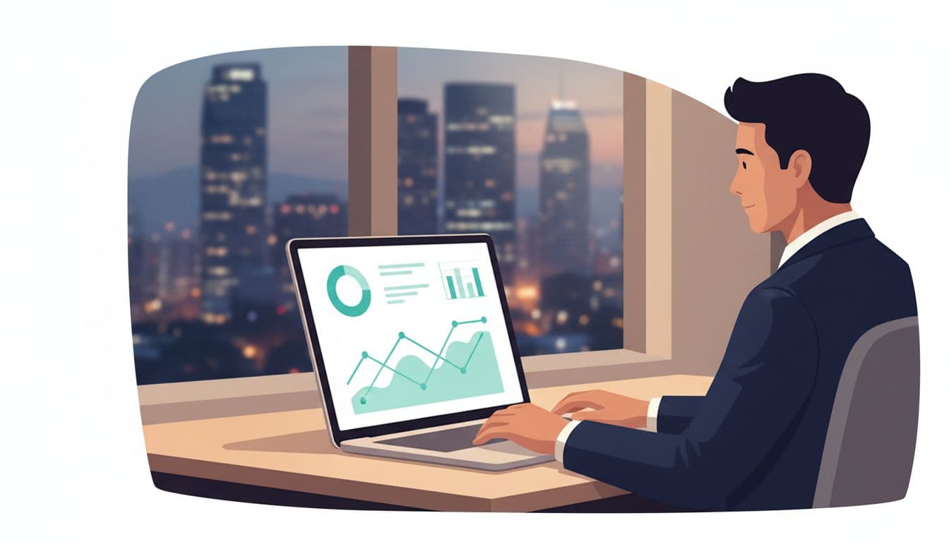 Modern illustration of an executive reviewing a clean dashboard of wellness metrics on a laptop in a minimalist executive office, centered on simple graphs with teal accents for engagement, warm desk lighting, relaxed hands, and blurred Mexico City skyline background.