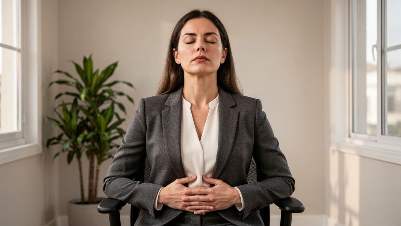 A photorealistic close-up of an executive woman sitting with straight posture in a minimalist home office, eyes closed, inhaling deeply through her nose, hands lightly on her abdomen, calm focused expression, soft morning light, plant and window in background.