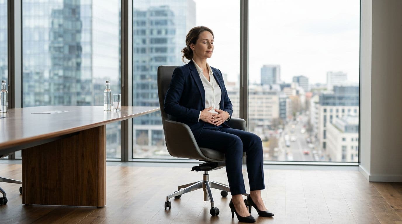 A professional woman in business attire performs a guided breathing exercise in an empty conference room, sitting relaxed in a chair with eyes closed and hands on her abdomen. Soft natural light illuminates the scene through a window revealing a cityscape, in a clean photographic style with no text or devices visible.