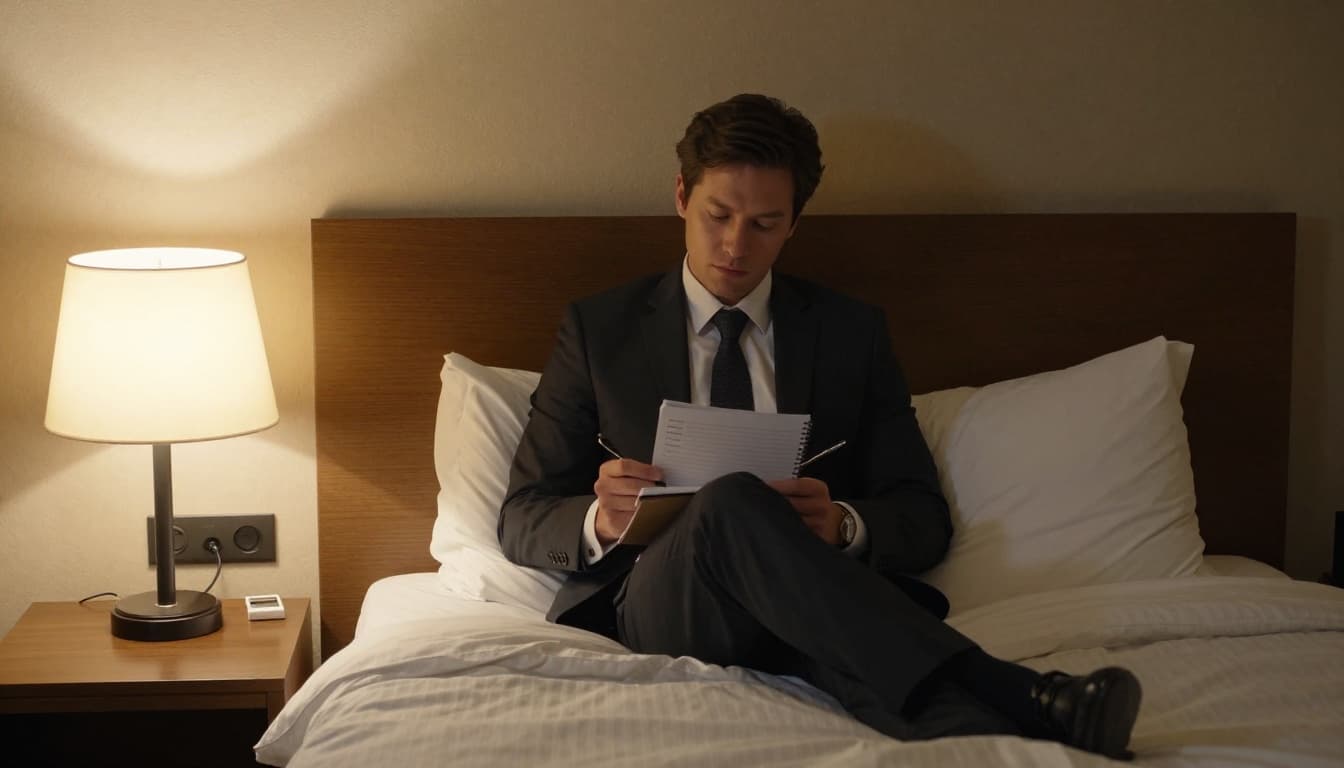 An executive in business attire sits relaxed on a modern hotel bed during wind-down routine, holding a paper notebook to write priorities under dim warm lamp light. Realistic style with simple room, exactly one person, no screens or distractions.