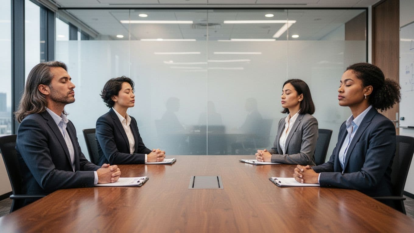 Team of four diverse professionals seated calmly with eyes closed in a modern conference room during a short breathing pause, realistic photo with soft lighting.