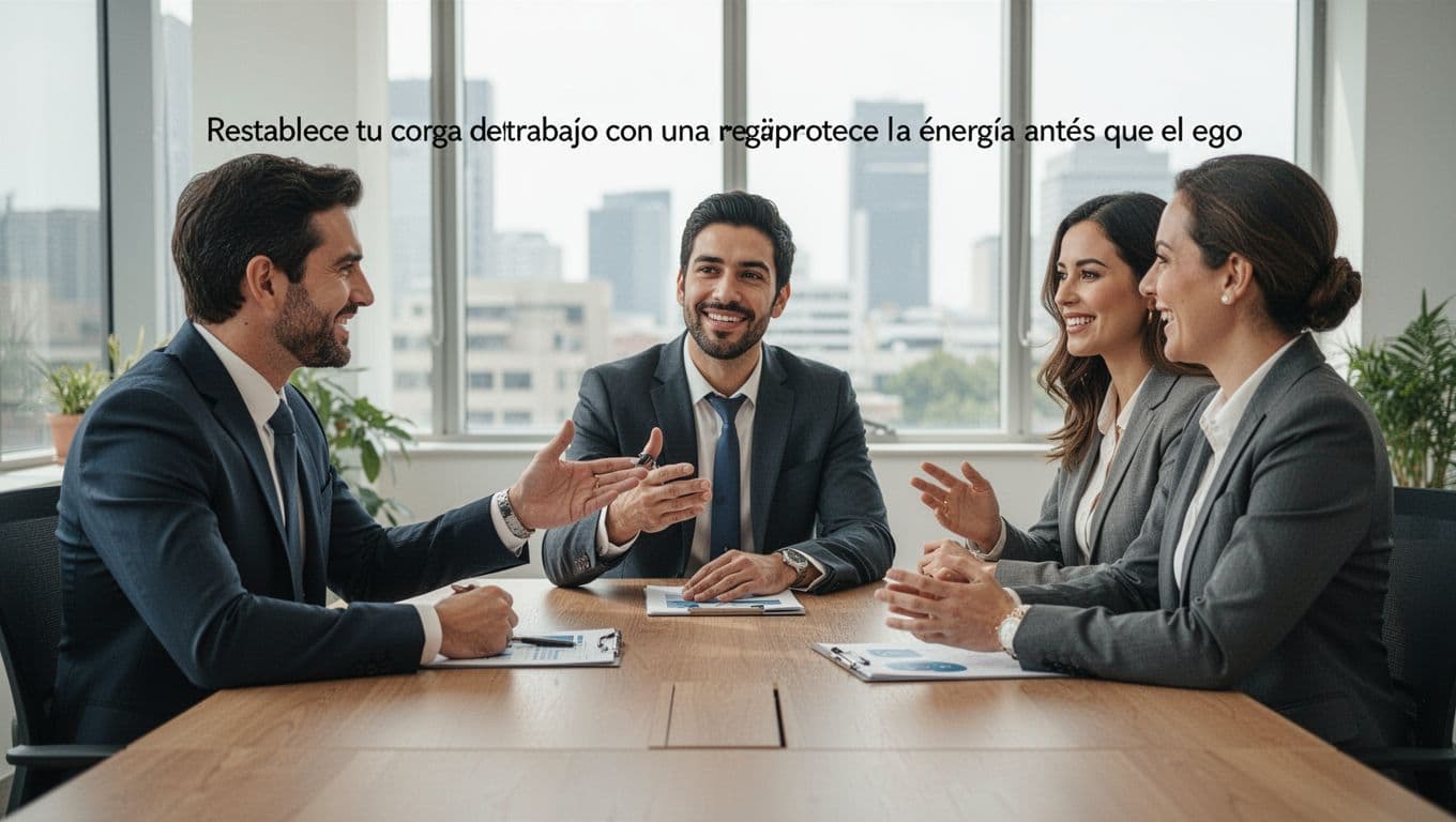 Three executives in a relaxed, collaborative meeting around a table, one delegating with a clear gesture, featuring simple hand movements and bright office setting in realistic corporate style.