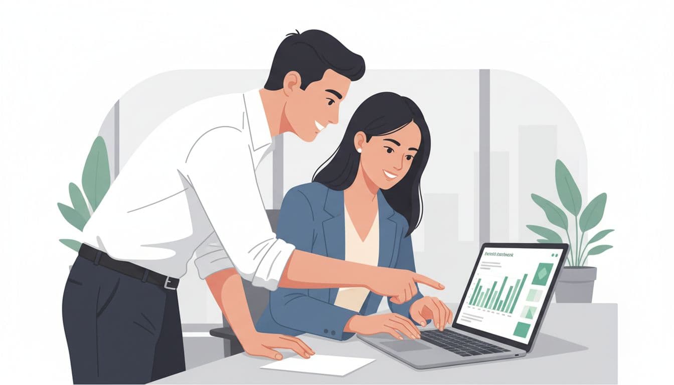 Two executives in minimalist office examine laptop dashboard with green bar graphs showing breathwork participation metrics.