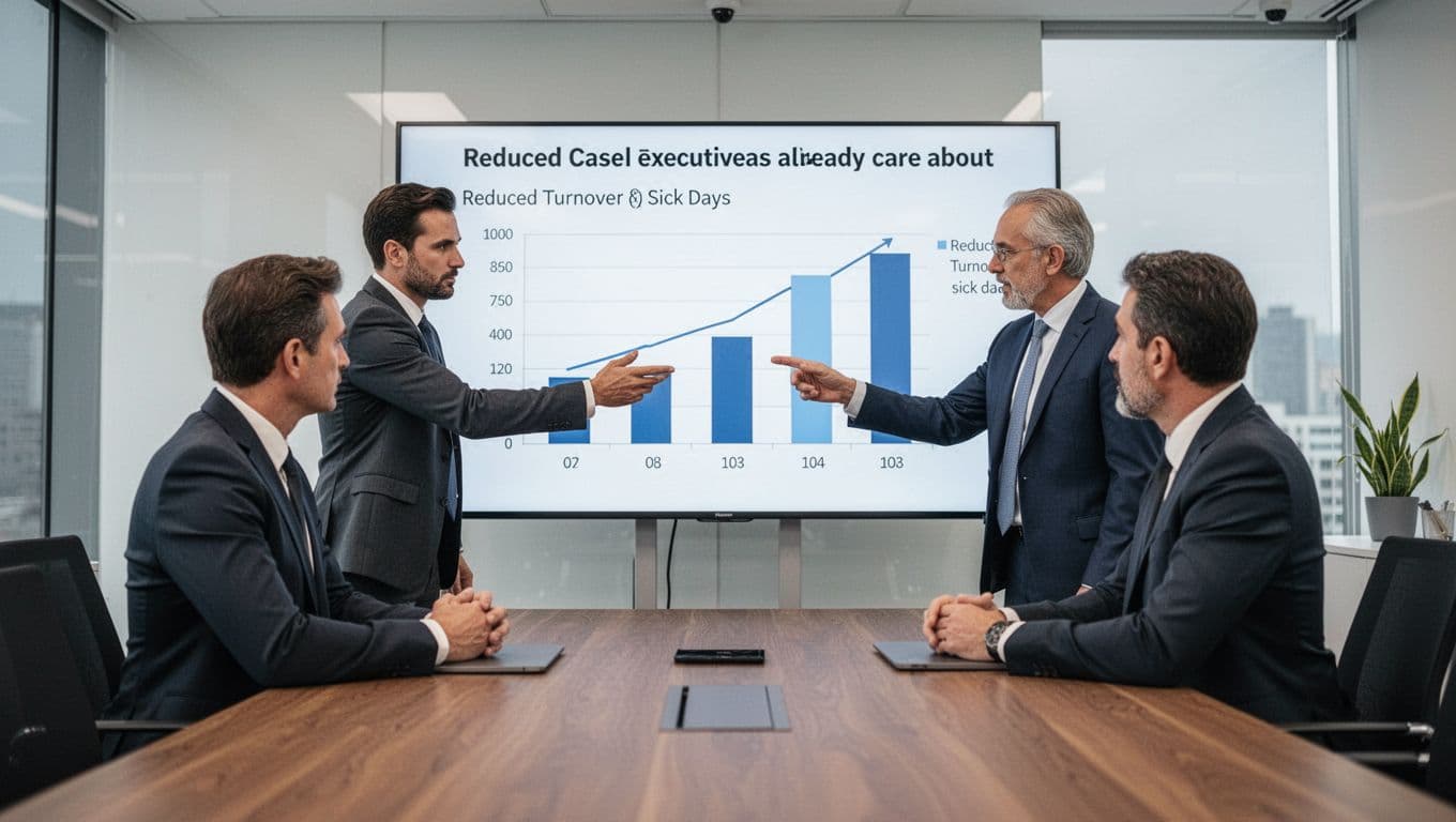 Two executives in a modern conference room, with one pointing to a simple bar chart on a screen displaying reduced turnover and sick days, focused on the discussion.