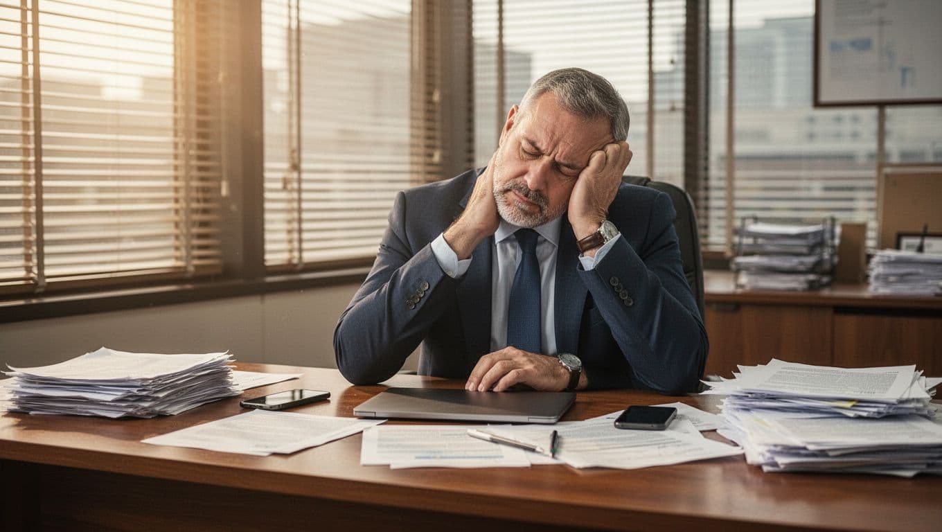 Exhausted middle-aged leader in business attire sitting at a cluttered wooden desk, head resting on one hand with eyes closed in a tired expression. Soft morning light filters through office window blinds, depicting early signs of leadership burnout.