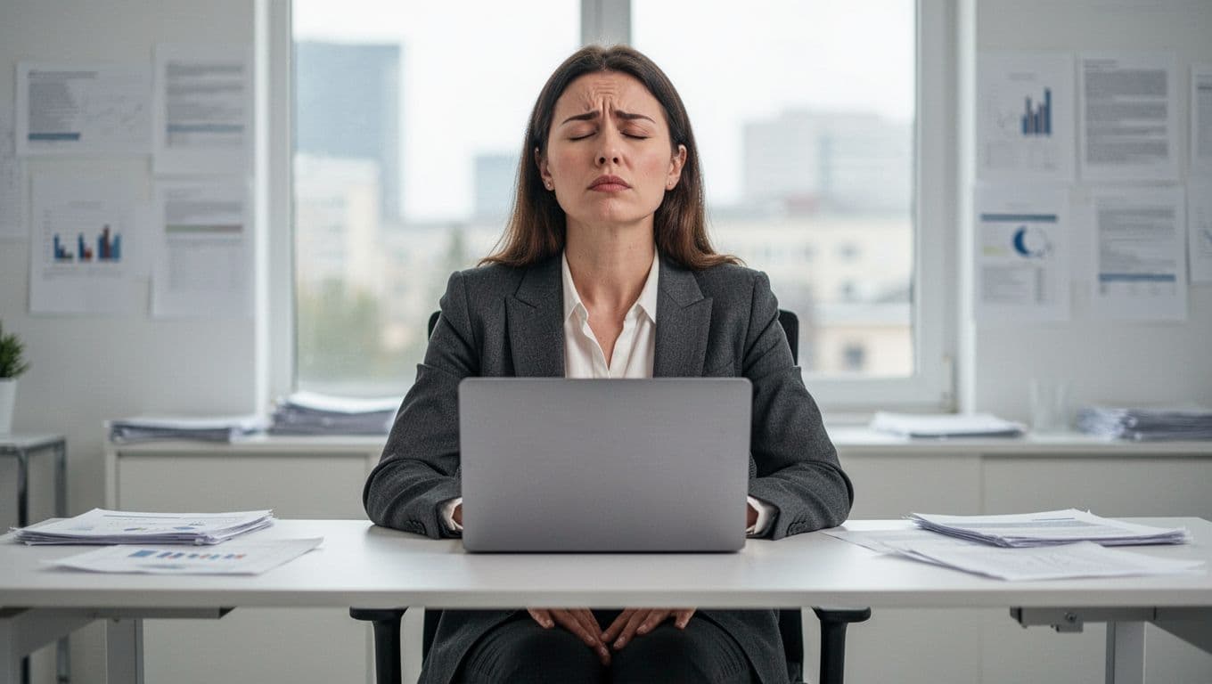 Exhausted businesswoman at modern office desk with closed laptop, eyes closed taking a deep breath, hands relaxed on lap, face showing shift from stress to relief. Blurred background with papers and soft natural window light, photorealistic style.