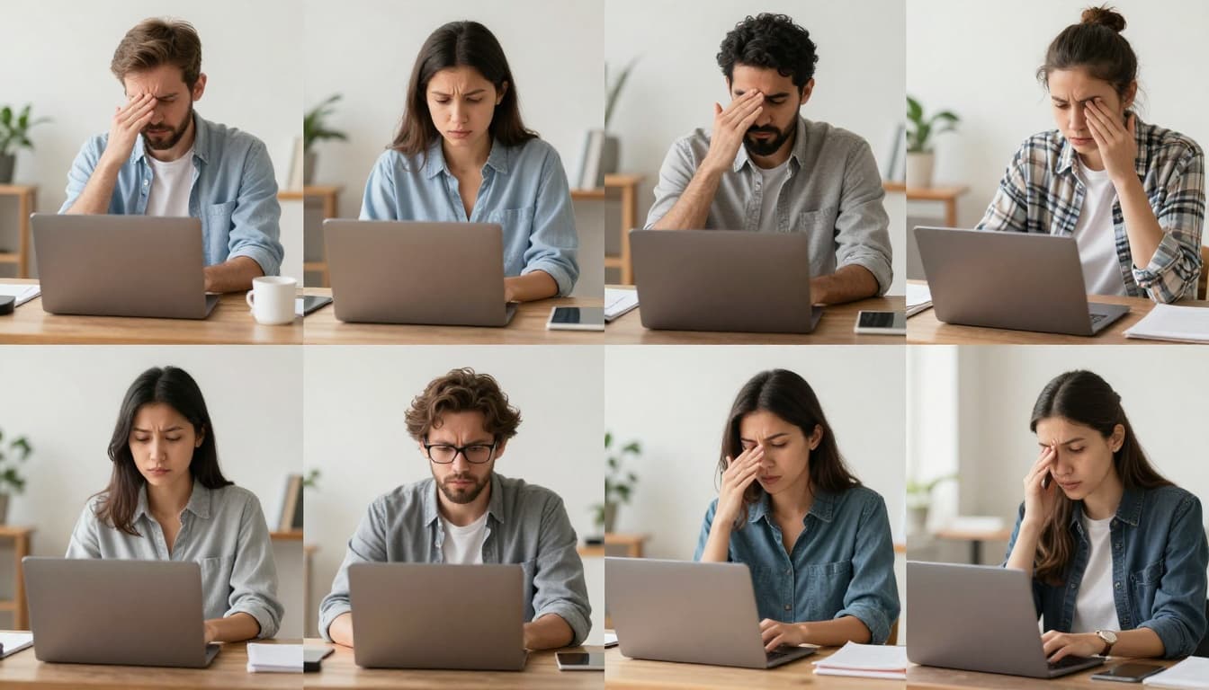 Four diverse professionals from different ethnicities working exhausted from home offices with laptops, clocks showing varied time zones like morning in Asia and night in Europe, divided into four realistic photo panels.