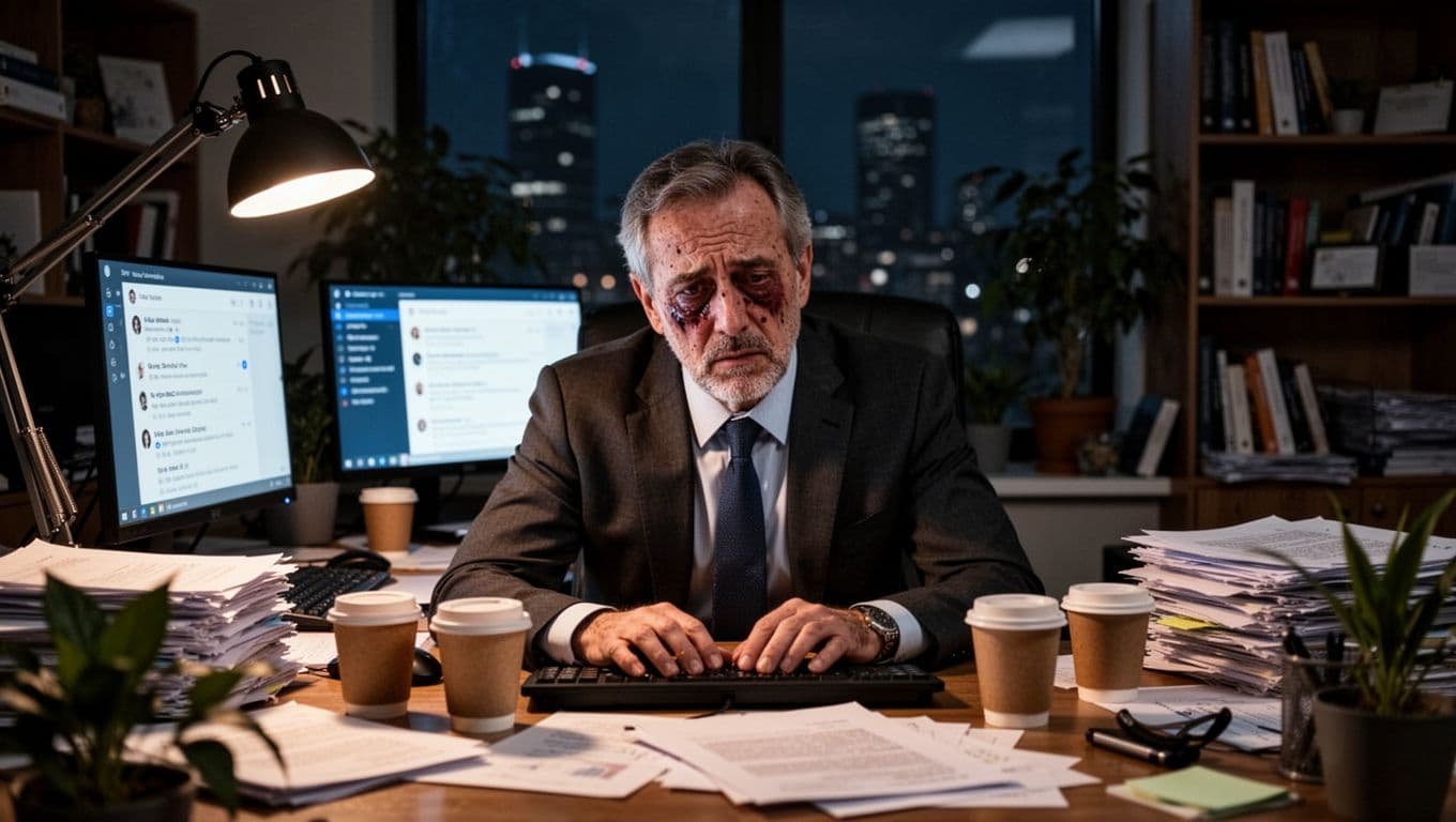 A realistic photorealistic image of a tired middle-aged male executive slouched at his cluttered office desk late at night, surrounded by coffee cups, papers, and a glowing computer screen, with a dark city skyline visible through the window.