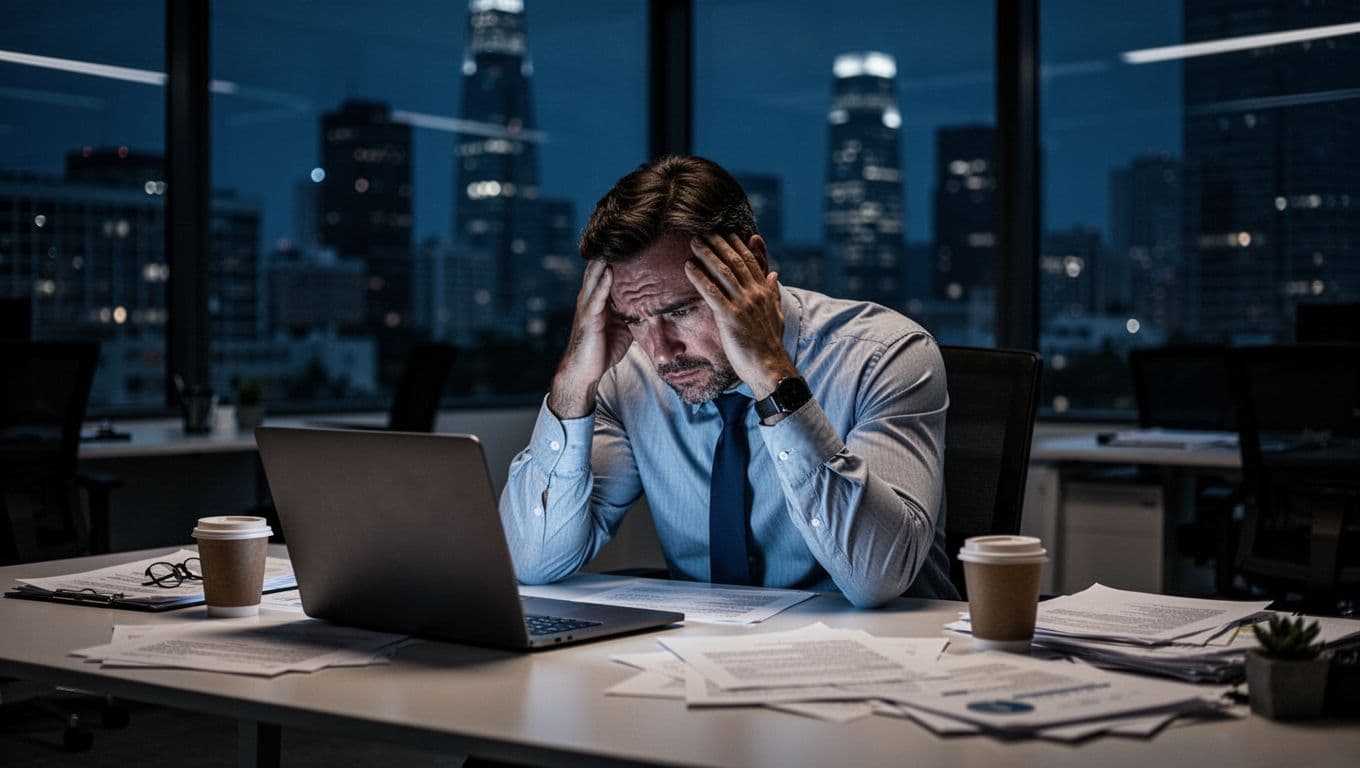 A professional executive man in his 40s sits exhausted at a modern office desk late at night, head in hands, illuminated by dim laptop light, with scattered papers, empty coffee cups, and a city skyline through large windows.